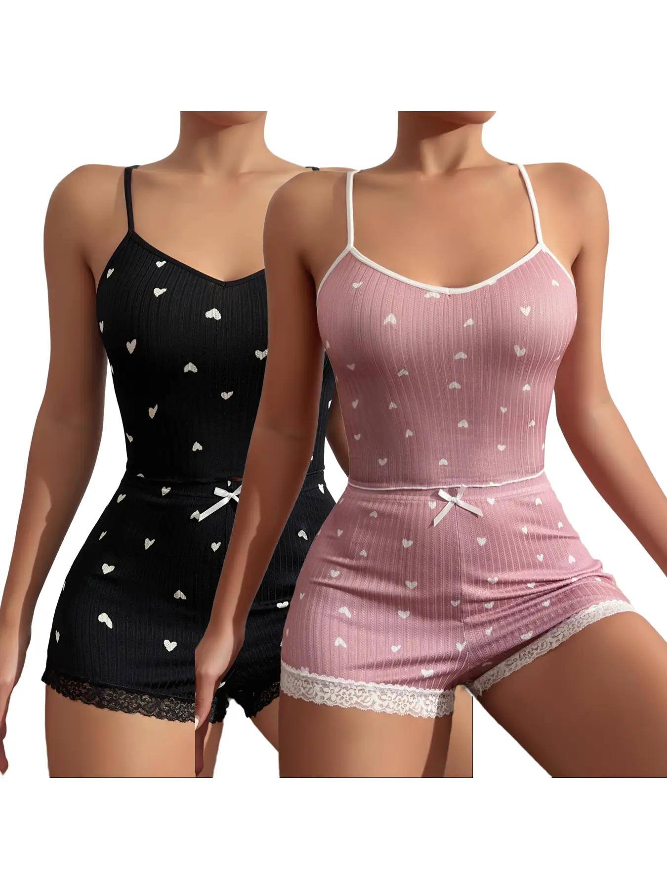Women's All Over Heart Print Sheer Cami Top & Bow Front Contrast Lace Shorts Pyjama Set, Lounge Set, Cute Comfy Spaghetti Strap Sleeveless Top & Shorts Pj Lounge Co-ord Set, Summer Outfits 2024