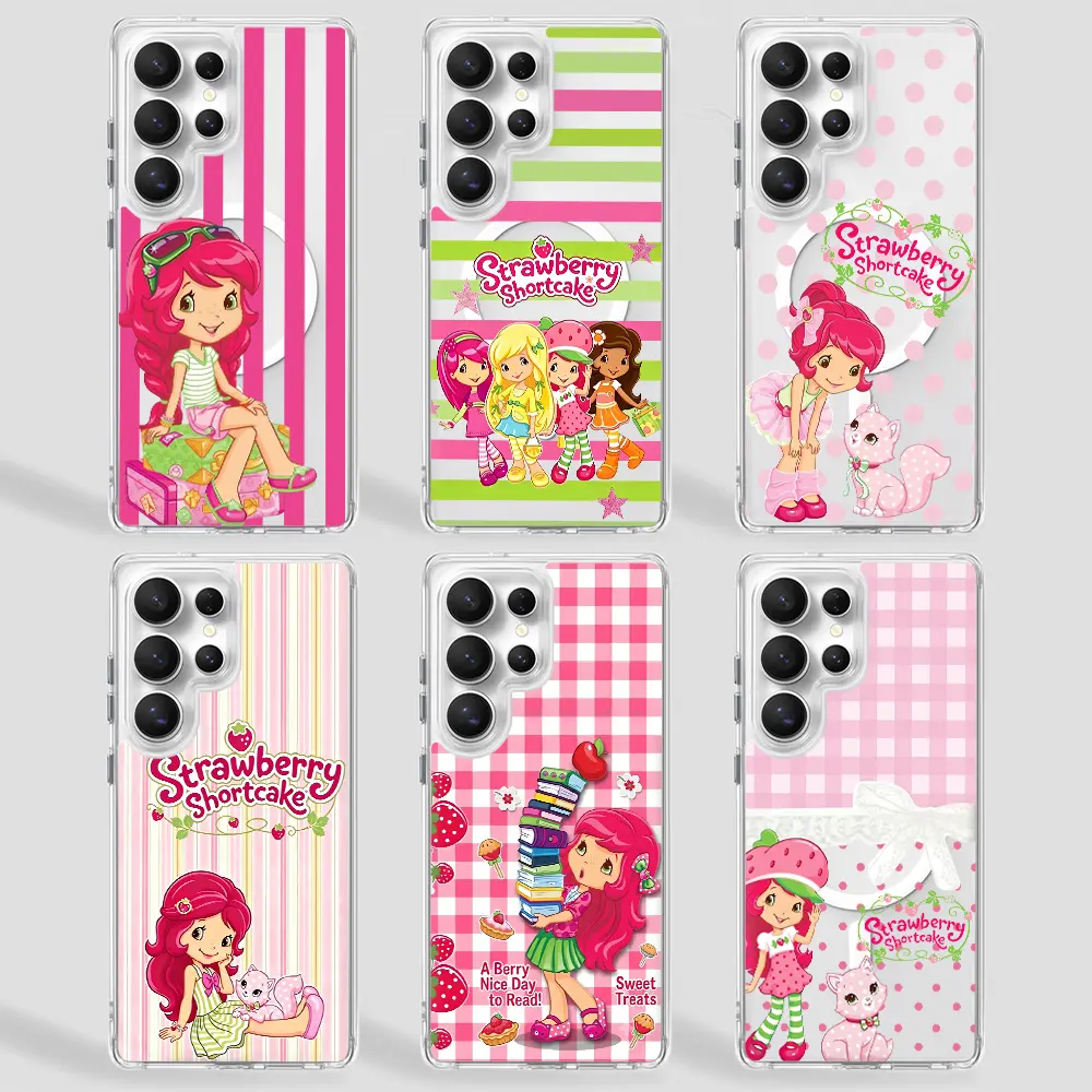 Strawberry cute Coquette Magnetic phone Case for Samsung GalaxyS26/S25/S24/S23/S22/S21/S20/S10/NOTE20/NOTE10/NOTE9/PLUS/ULTRA/FE/A57/A56/A55/A54/A37/A36/A35/A34/A26/A25/A24/A23/A17/A16/A15/A14/A07,Transparent Shockproof Protective Cover gift Shortcake