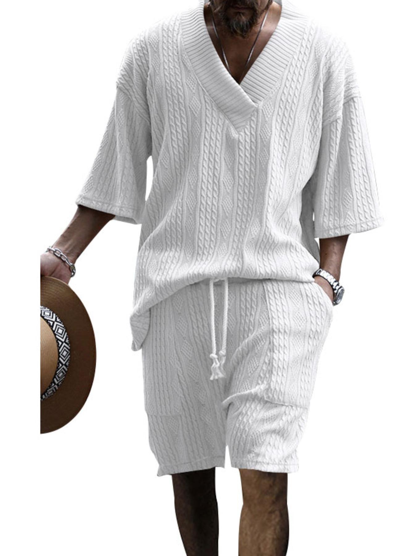 Men's Solid Drop Shoulder Knit Top & Shorts Two-Piece Set, Loose Casual Fashion Cozy Breathable Short Sleeve T-shirt & Shorts for Daily Outdoor Wear, Menswear for Summer, Clothing