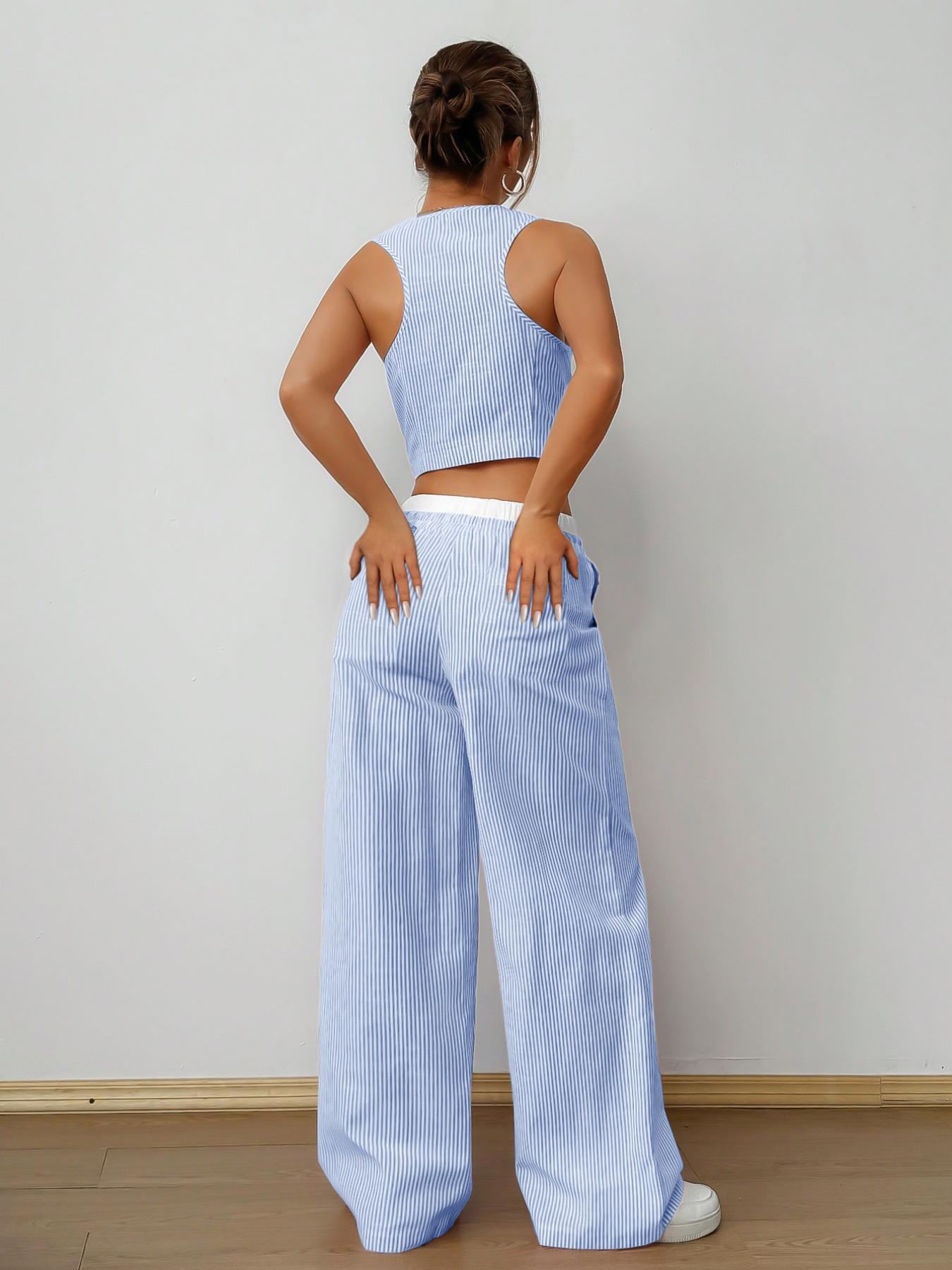 Women's Striped Print Vest Top & Wide Leg Pants Two-Piece Set, Casual Sleeveless Top & Pants for Summer, Ladies Clothes for Daily Wear
