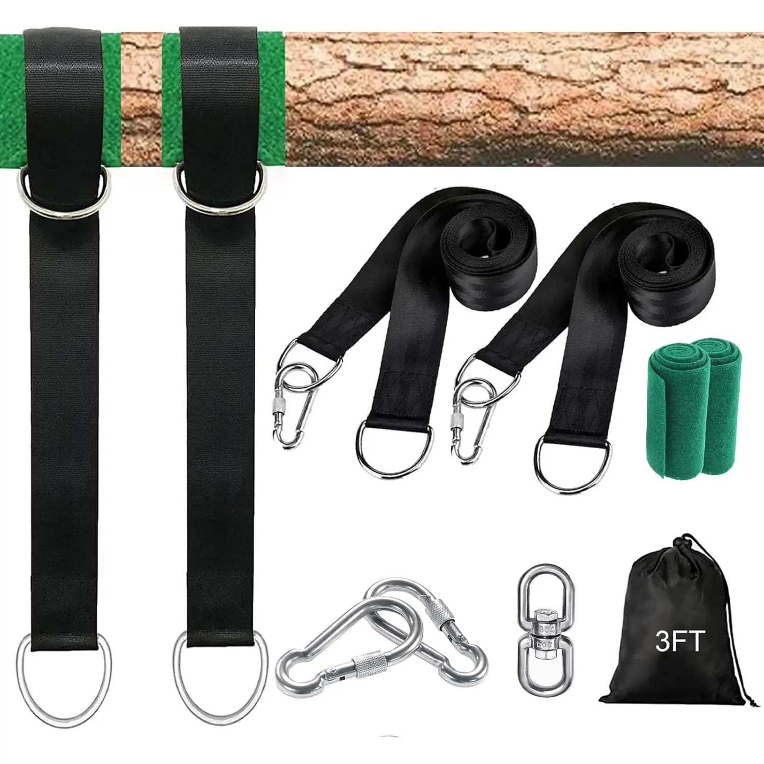 Tree Swing Hammock Straps Kit 3FT, Strong & Durable Tree Swing Straps Hanging Kit with Tree Protector, Safer Lock Snap Carabiner Hooks, Holds Up to 5000 lbs, Safer & Easy Installation for Baby Adults