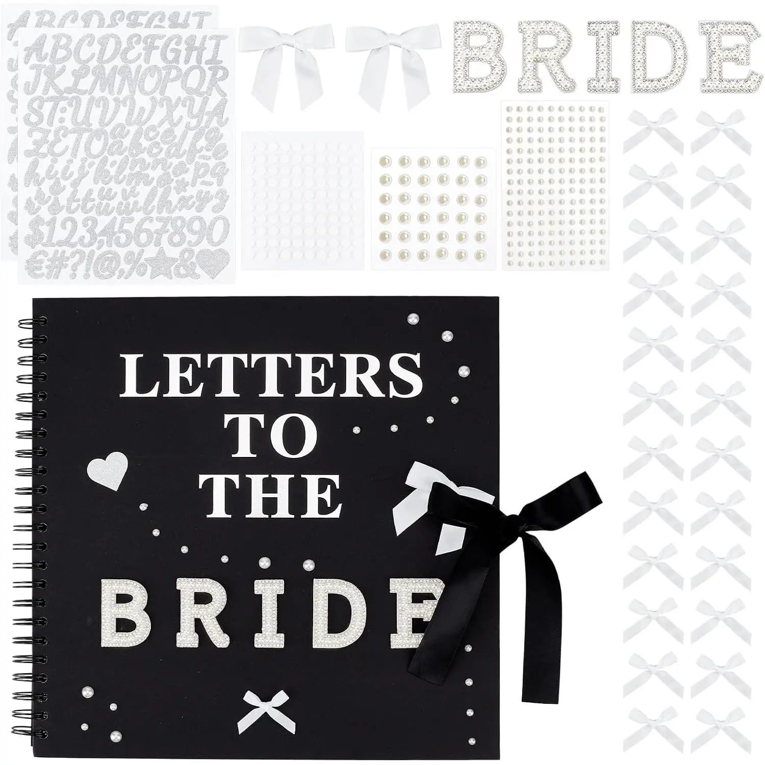 Letters to The Bride Scrapbook Kit 12 X 12 Inch Wedding Memory Book DIY Blank Paper Wedding Photo Album Scrapbook Supplies with  Stickers, Metallic Letters, Bows (Black)