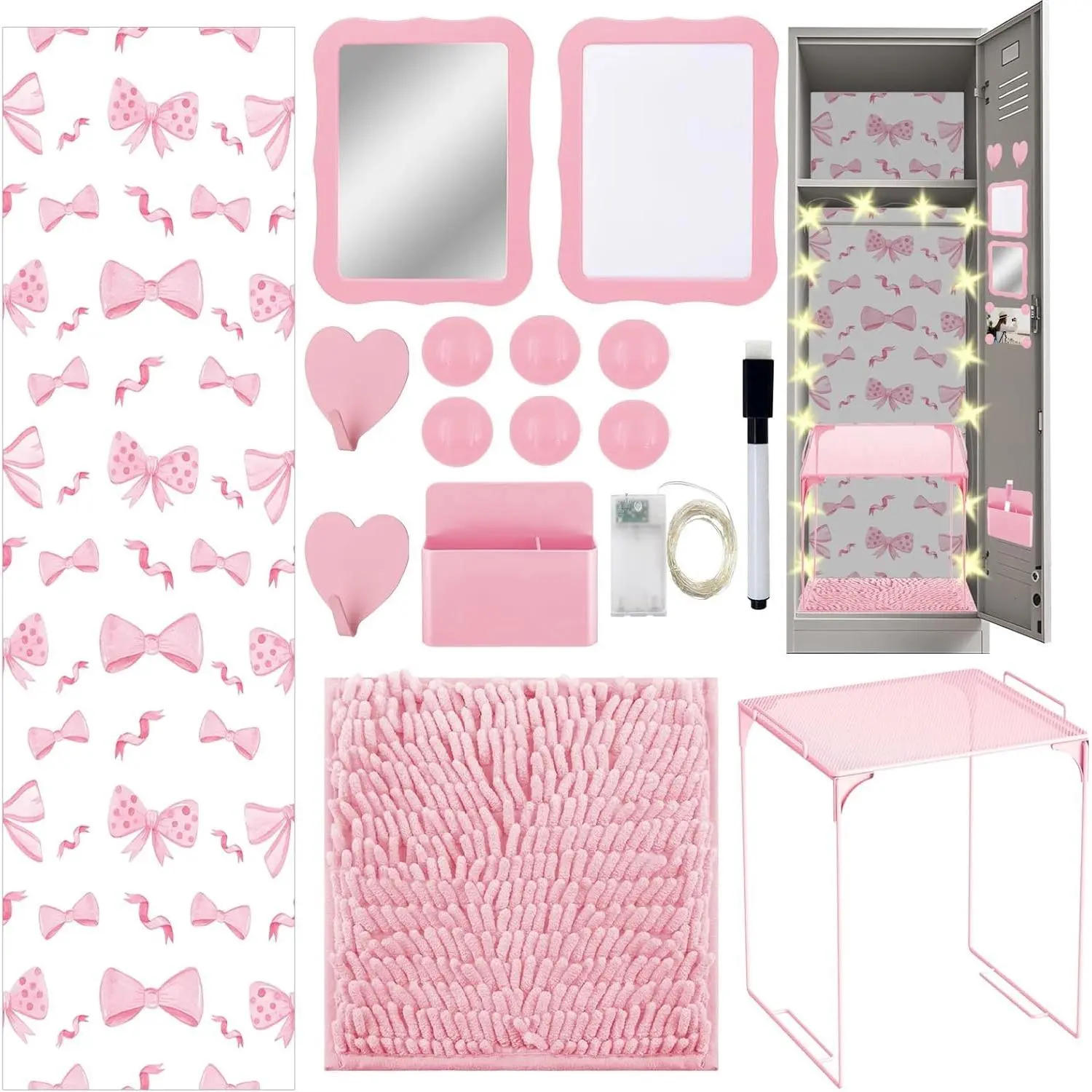 16 Pcs Pink Locker Accessories Kit - Locker Organizer Decor Set with Bow Wallpaper, String Light, Magnetic Whiteboard, Mirror, Storage Cup, Marker, Rug, Shelf for Back to School Supplies