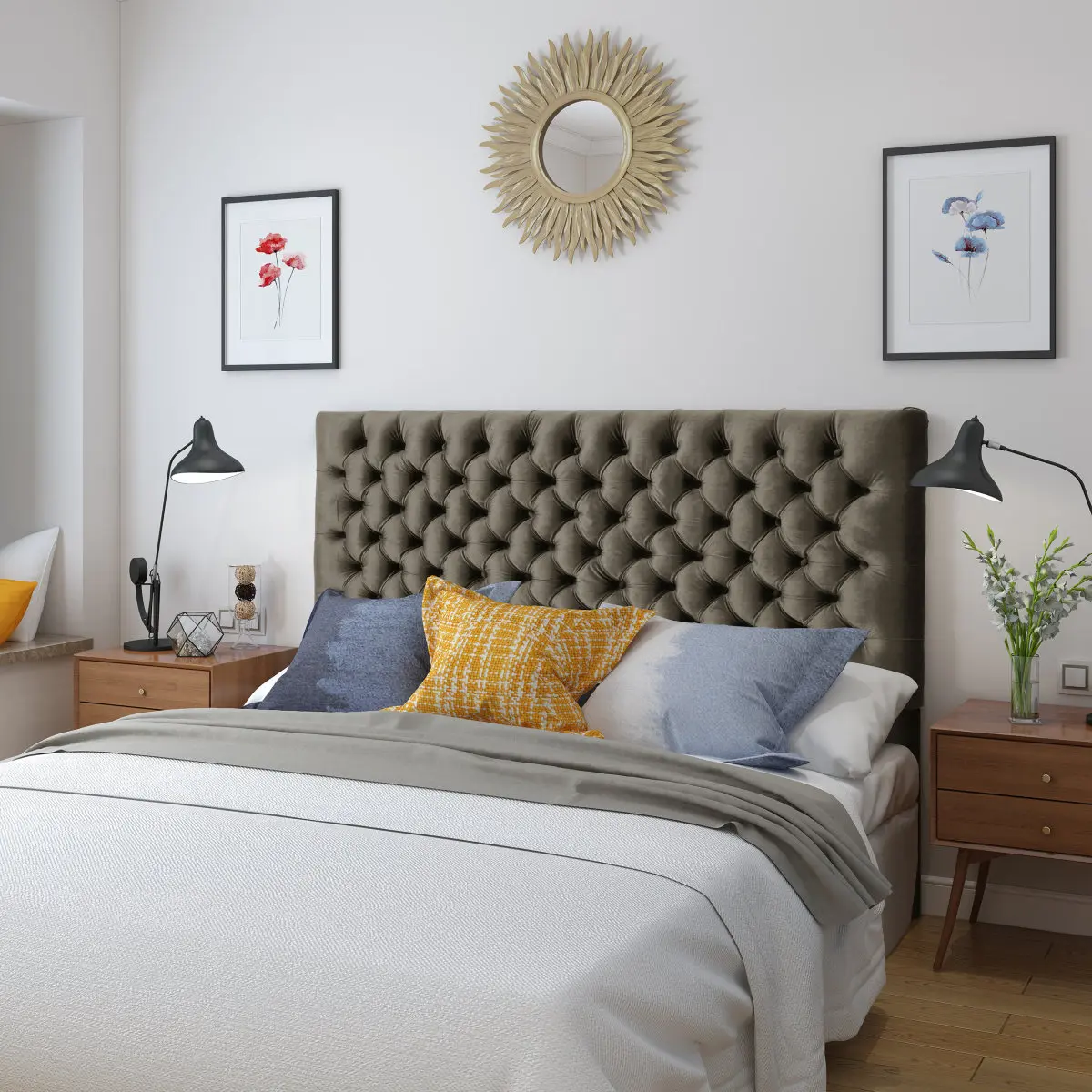 Grey Velvet Tufted Headboard, Diamond Stitch Button Design, Adjustable Metal Legs, Fits Queen & Full Size Beds, Modern Upholstered Headboard for Bedroom Decor, Adjustable Leg Headboards, Diamond Tufted Headboards