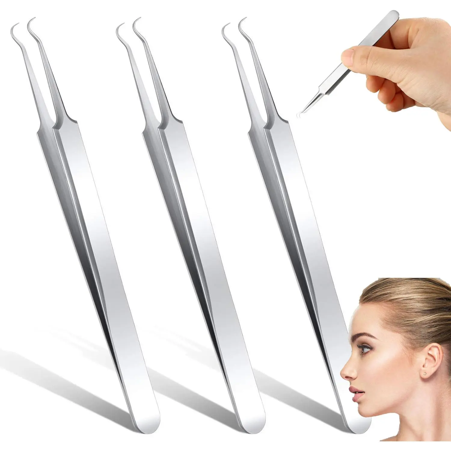 3 Pcs Curved Blackhead Tweezers, Stainless Steel Precision Pimple Extractor Tools, Professional Bend Tweezers for Zit Whitehead Blackhead Removal, Facial Skin Care Cleansing Tools for Daily Use