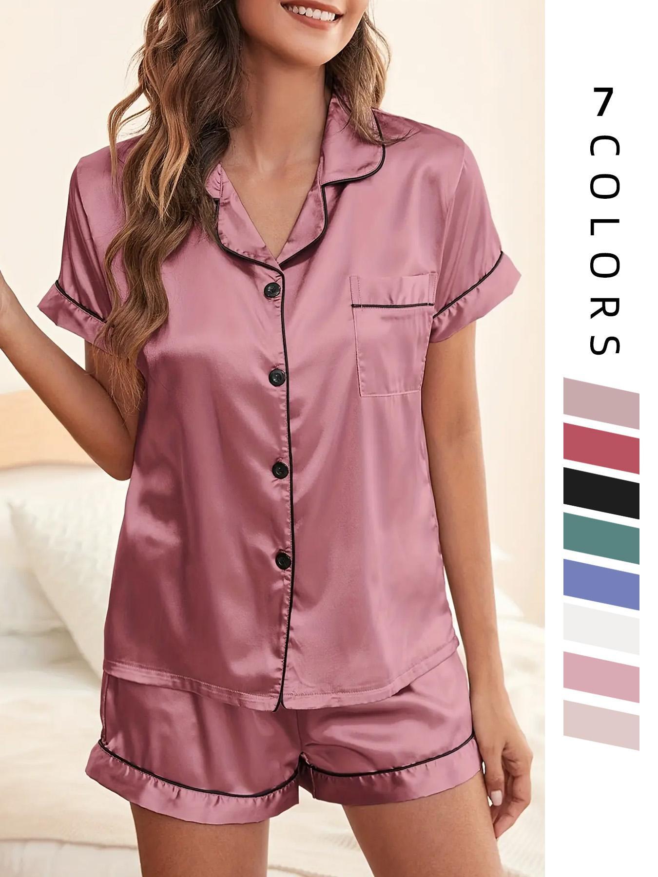 Two/Four/Six Counts Women's Satin Pyjama Lounge Co-ord Set, Lapel Collar Button Front Pocket Blouse & Contrast Binding Elastic Waist Pj Shorts Pajama Set, Lady Homewear for Summer, Back To School Wear Black Girl Wear Valentine's Day, gift Two/Four/Six Counts Women's Satin Pyjama Lounge Co-ord Set, Lapel Collar Button Front Pocket Blouse & Contrast Binding Elastic Waist Pj Shorts Pajama Set, Lady Homewear for Summer, Back To School Wear Black Girl Wear Valentine's Day, gift