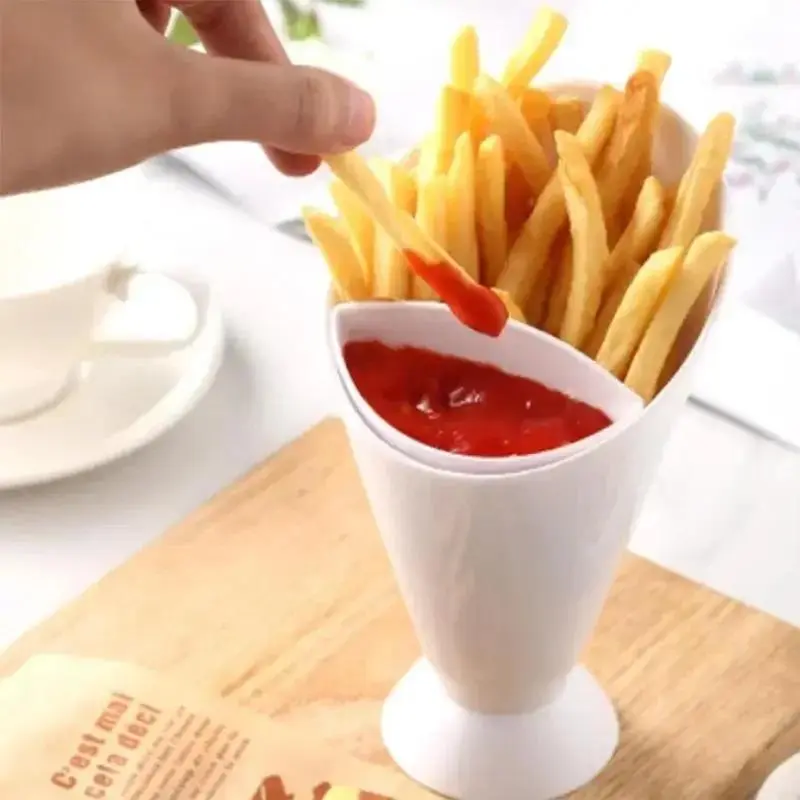 1pc 2 in 1 French Fries Cups, Plastic Cups for Sauces Snacks Dessert, Ketchup Slant Cup, Two Cup Spout, Kitchen Accessories