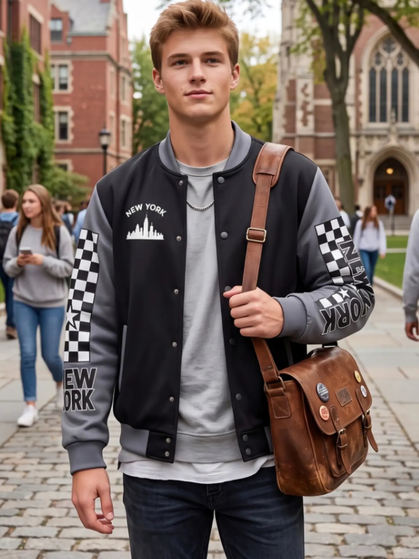 New York Print College Style Casual Men's Baseball Jacket, Long Sleeve Slim Fit Snap Closure, Fall & Winter Unlined Outerwear