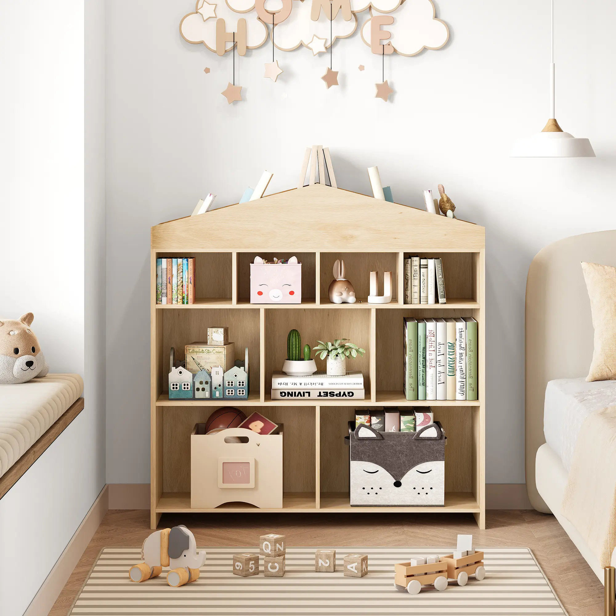Toy Storage Organizer 9-Cubby Kids Bookshelf 40.7in Width Bookcase Toddlers Playhouse Cabinet Shelf for Boys Girls Wooden Cubby Storage Toy Shelf for Playroom, Nursery, Kids Room
