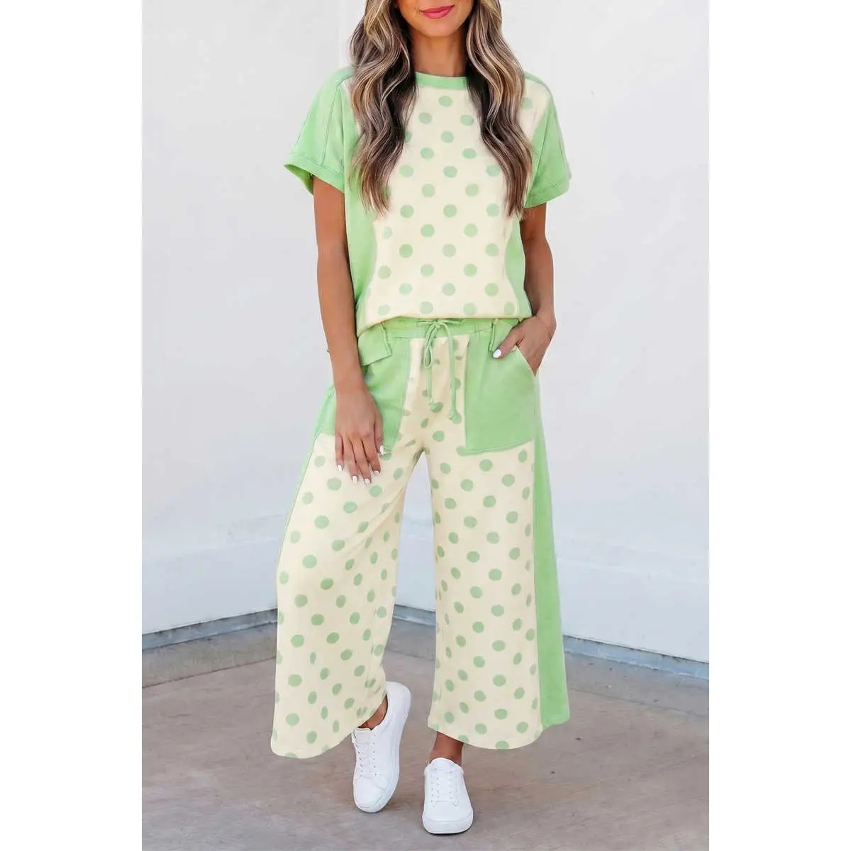 Polka Dot Color Block Patchwork Women Two Piece Set Short Sleeve Crew Neck Wide Leg Drawstring Pocket Pants Summer Casual Lounge Outfit
