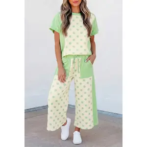 Polka Dot Color Block Patchwork Women Two Piece Set Short Sleeve Crew Neck Wide Leg Drawstring Pocket Pants Summer Casual Lounge Outfit