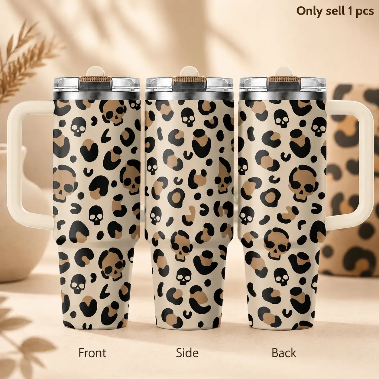 Goth Skull Camo Halloween 40oz Tumbler – Dark Aesthetic Stainless Steel Insulated Cup with Handle & Straw Lid for Coffee, Water, Office, Gym, Car, Alternative Style Gift for Skull Lovers