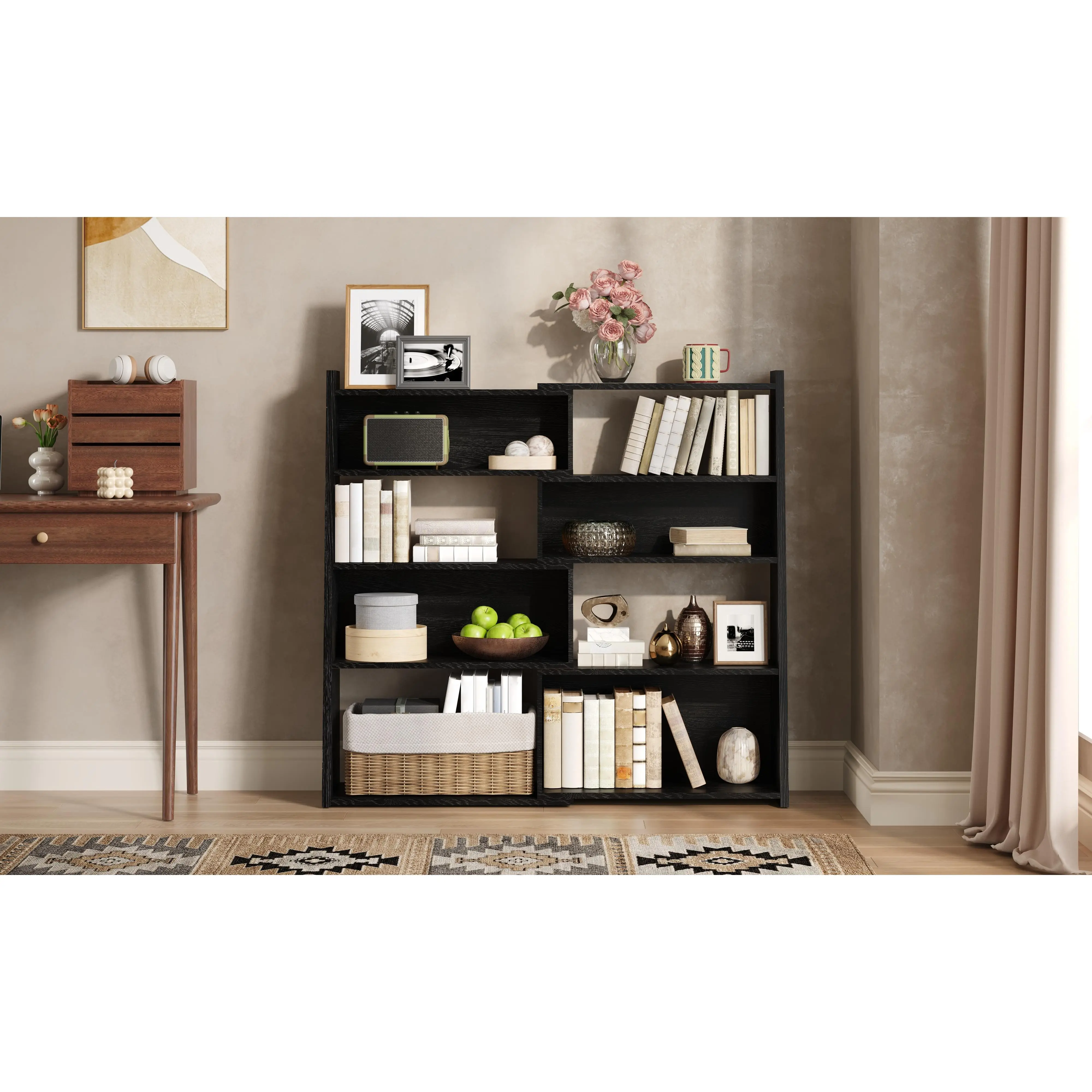 Nokaa Wooden Expandable Bookshelf Storage Rack 4-Tier L-Shaped Adjustable 2-Piece Bookcase Extendable up to 47 Inches for Wall Corner Small Spaces Living Room Home Office Organizer Display Shelf Unit