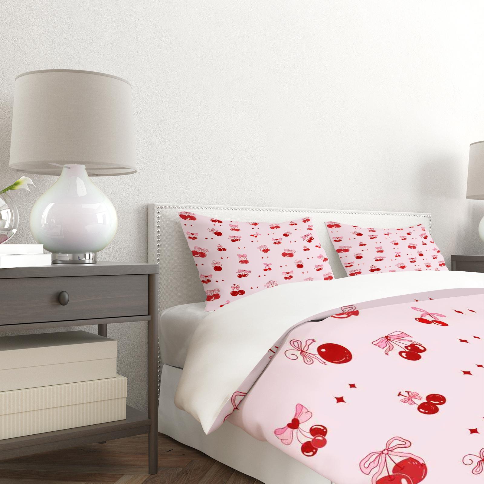 Cherry Bow Pattern Soft Durable Bedding Set, Includes 1 Fitted Sheet & Pillowcases, Perfect Gift for Teens Adults, Modern Bedroom Decor
