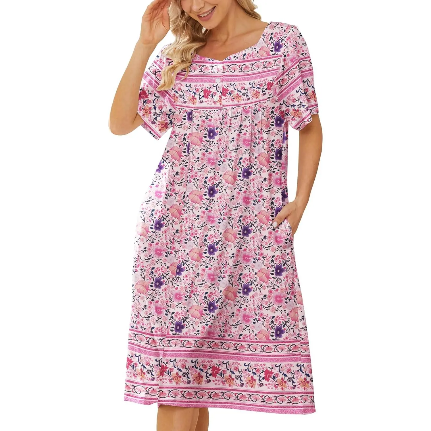 House Dresses for Women with Pockets Floral Cotton Nightgowns Short Sleeve Moo Moos for Women Mumu Moomoo Dress