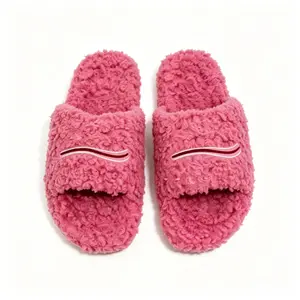 Curved-Stitch Accent Fluffy Sherpa Open-Toe Slides | Thick Fuzzy Plush, Slip-Resistant Sole Unisex Warm Indoor Slippers