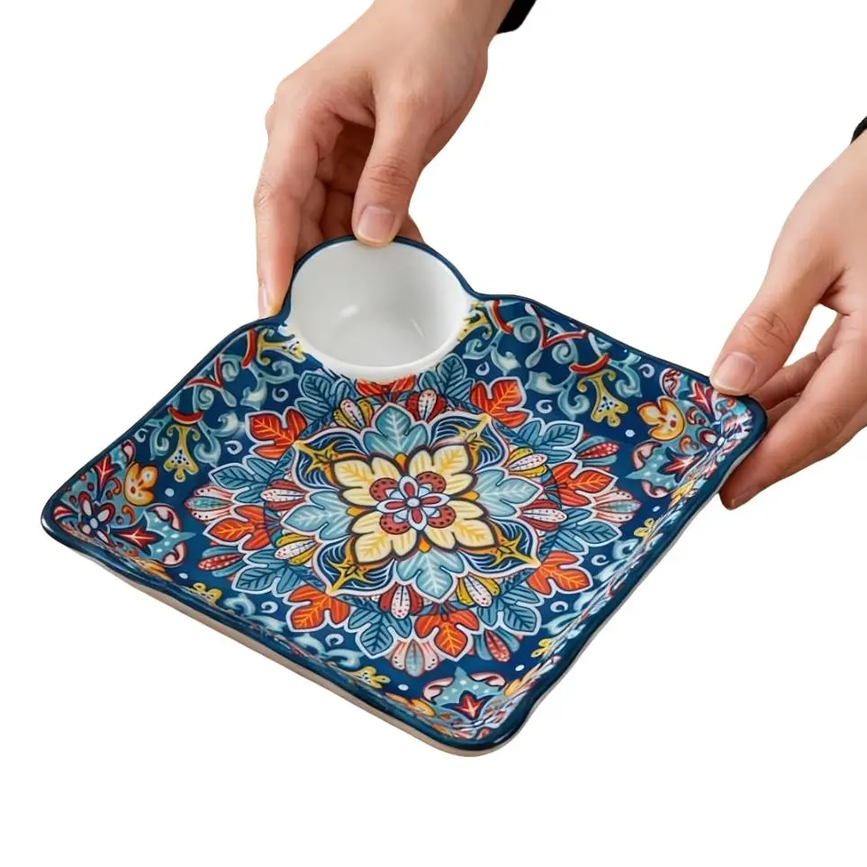 Floral Pattern Ceramic Plate, 1 Count Rectangular Sauce Dish with Handle, Serving Plate for Dumpling, Toast, Fries, Kitchen and Tableware, Decorative Plates
