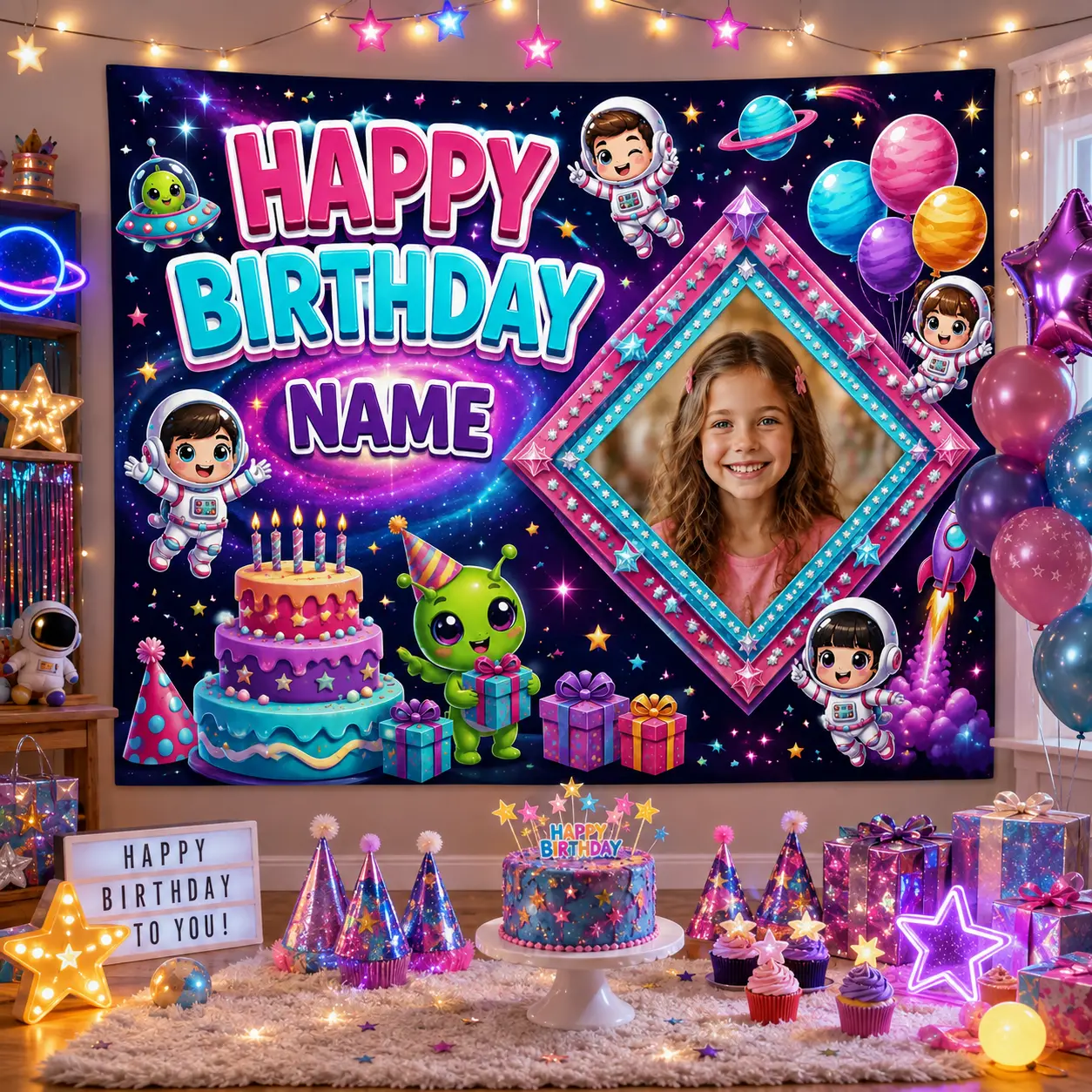 Custom Space Birthday Backdrop Personalized Photo Banner Purple Galaxy Theme Kids Party Decoration Background