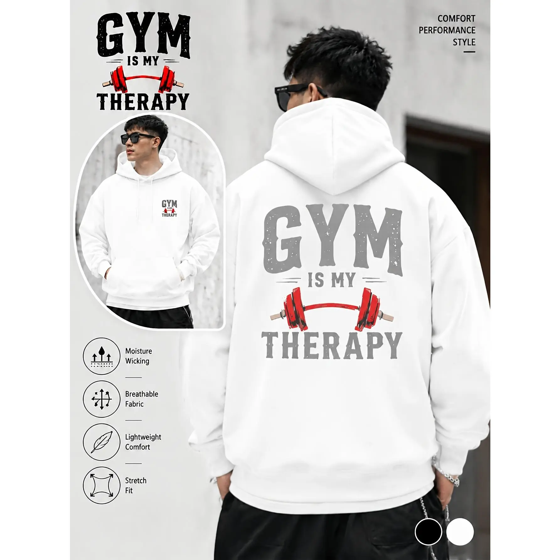 Men Oversized Gym Hoodie, Gym Is My Therapy Dumbbell Graphic Print Pullover Hooded Sweatshirt, Casual Loose Fitness Sports Hoodie for Workout Daily Wear, Multi-Size, Breathable Fabric, Menswear, Tops