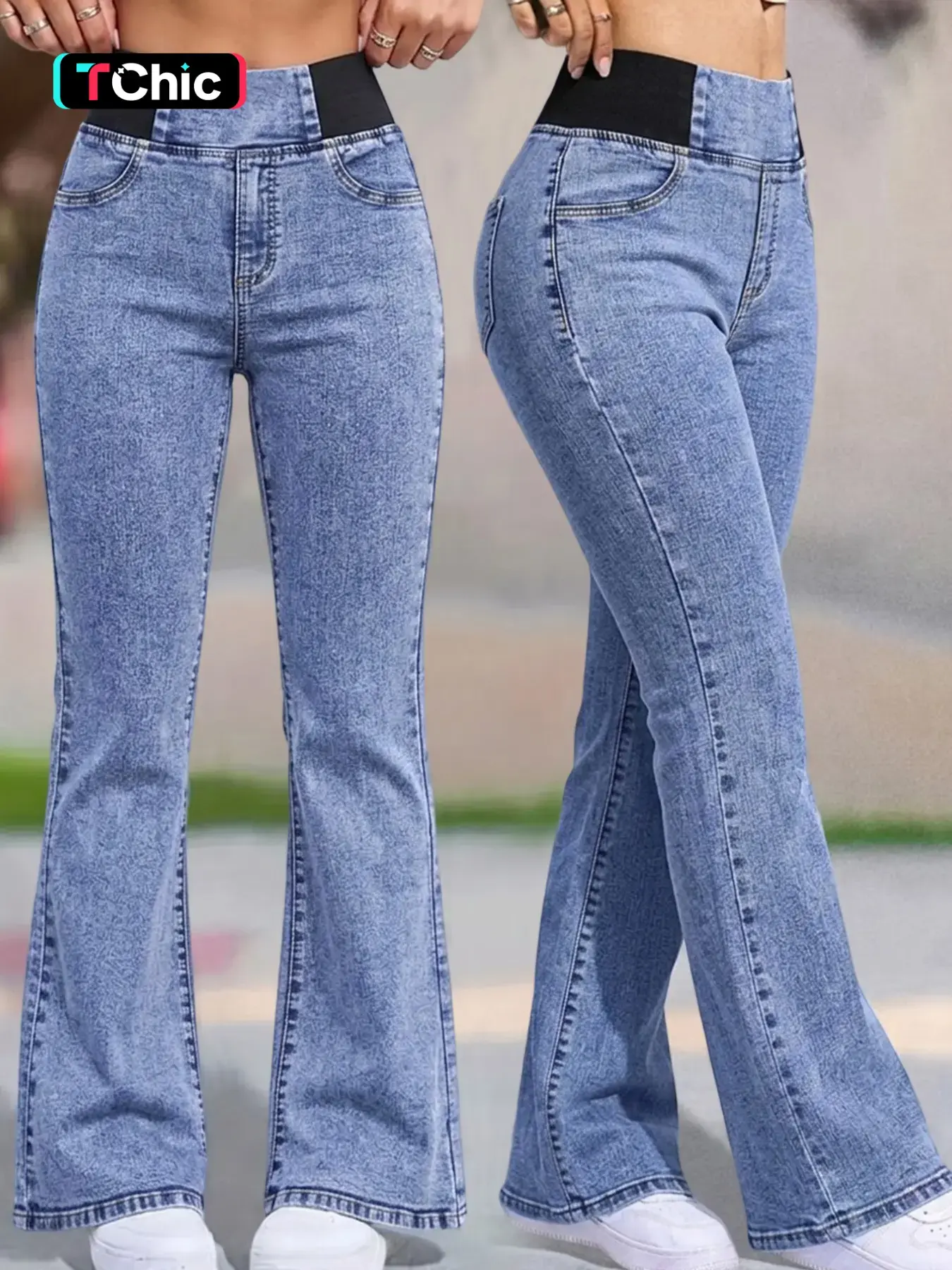 Women's Y2K Denim Jeans Pants, High-Waisted Elastic Waist, Flared Leg Design, Washed Effect, Casual Style, Trendy and Versatile