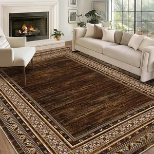 GARVEEBordered Red-Brown 4x6 Washable Modern Geometric Rug - Soft, Non-Slip, Ultra-Thin, Stain-Resistant Fabric - Machine Washable, Durable - Living Room, Bedroom, Playroom