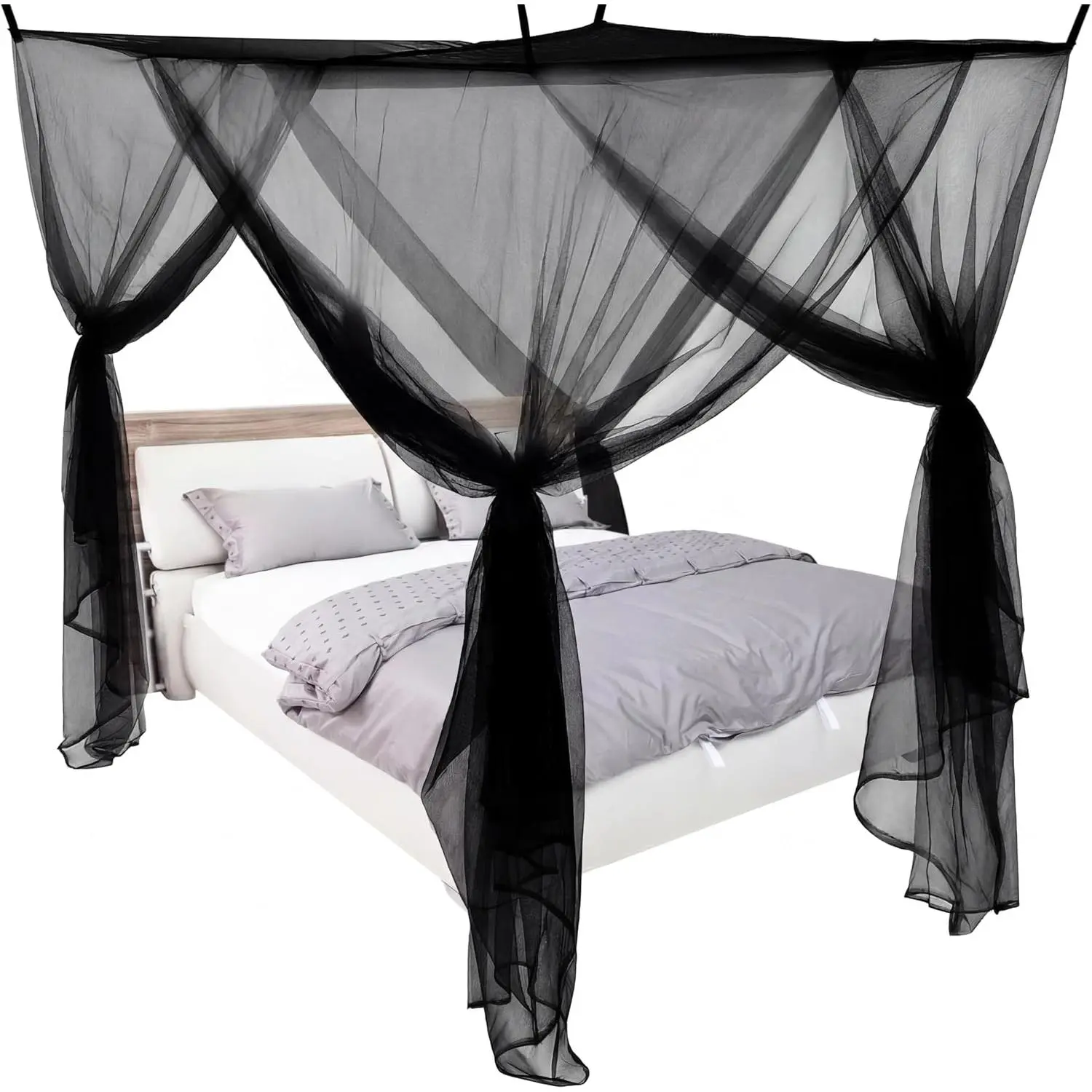 Classic 4-Corner Black Netting Mesh Bed Curtains - Strap Install, Rectangular Drapes for Single/Twin/Full Size Indoor Beds (L79xW47xH59")