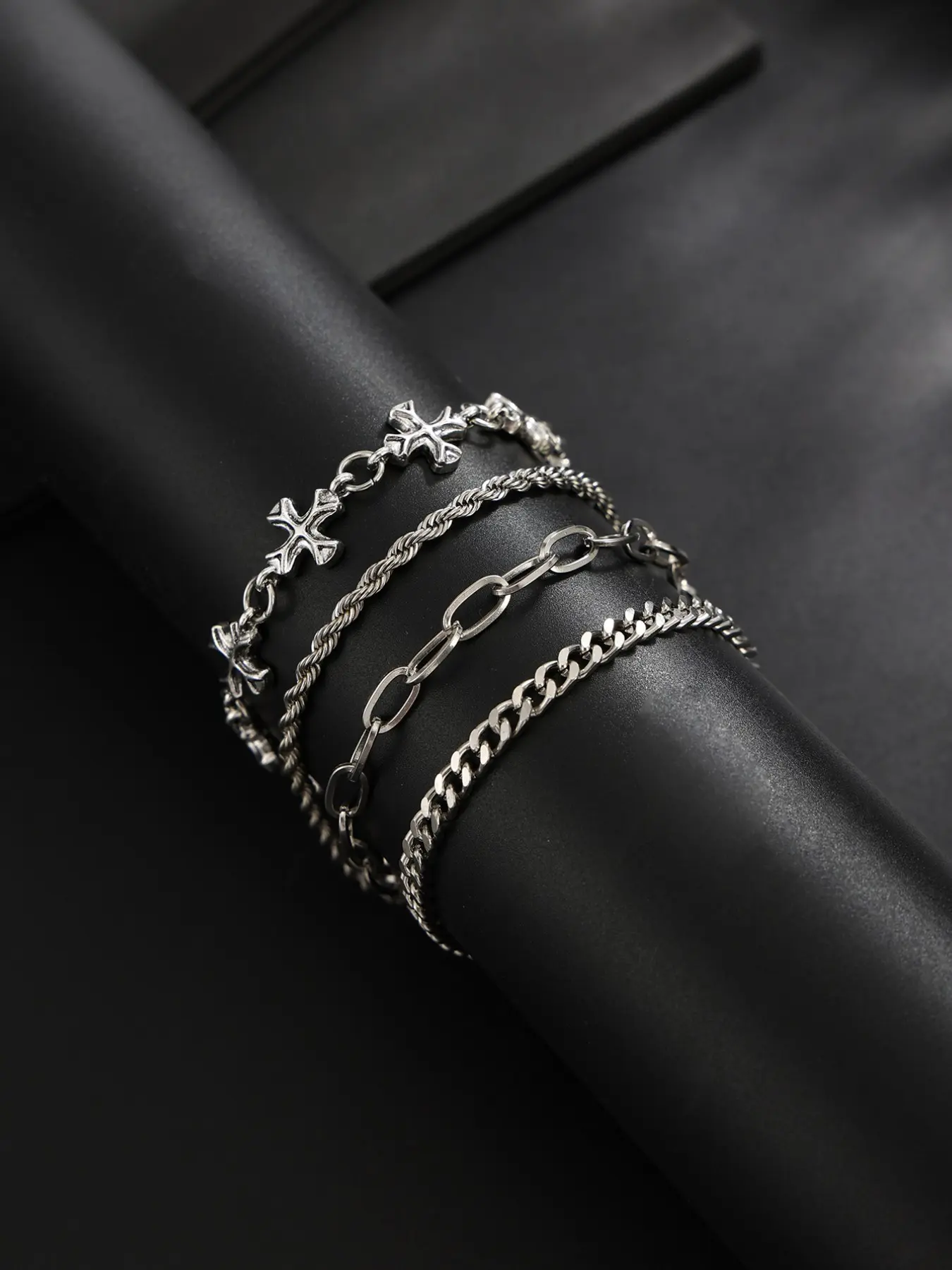 High Street Multi-Chain Silver Color Fashionable Bracelet Set, Bracelet Bundle, Four Different Textures, Vintage Cross Element, Layered Fashion Gift for Men, Bracelets Set