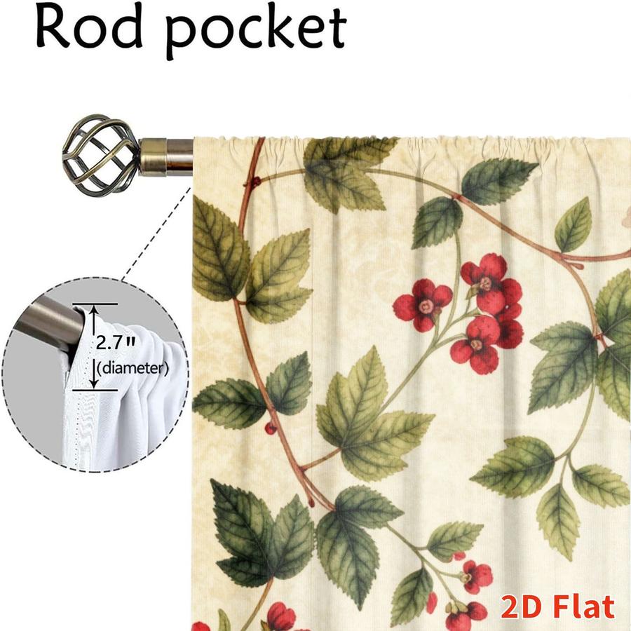 2Pcs Vintage Botanical Berry Leaf Pattern Sun Blocking Curtains Digital Printed Rod Pocket for Bedroom Office Kitchen Living Room Study Home Decor Multiple Sizes Soft Light Filter Easy Installation