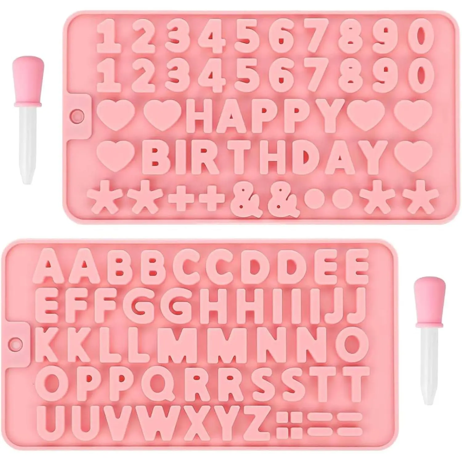 2 pcs Number and Letter Silicone Chocolate Molds with 2 Droppers, Happy Birthday Baking Mould for Cake Decoration Chocolate Candy Ice Cubes Cookies