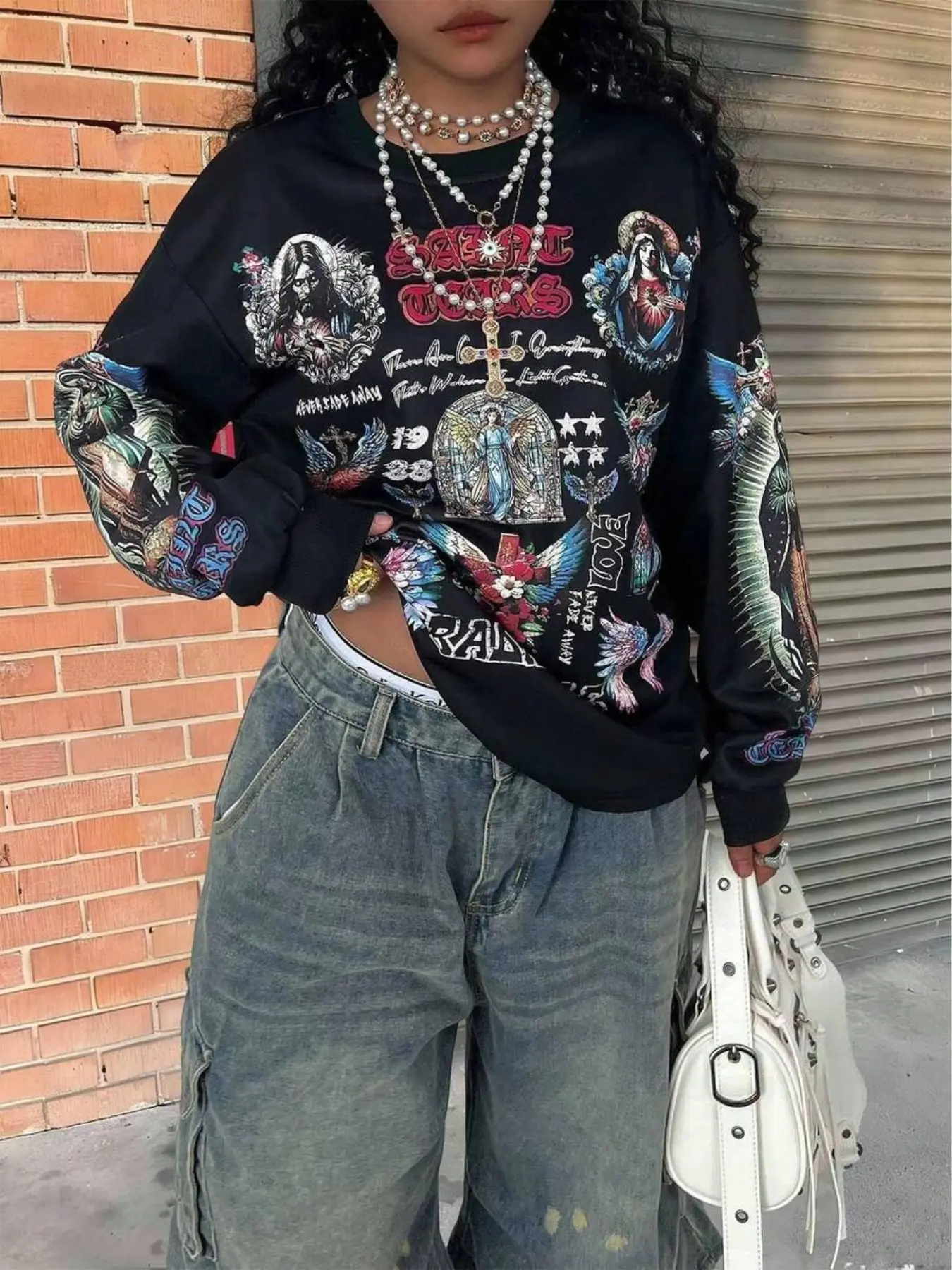 High Street Style Religious Portrait Butterfly Wings Print Long Sleeve Sweatshirt, Vintage Washed Oversize Casual Pullover, Trendy Fashion Top