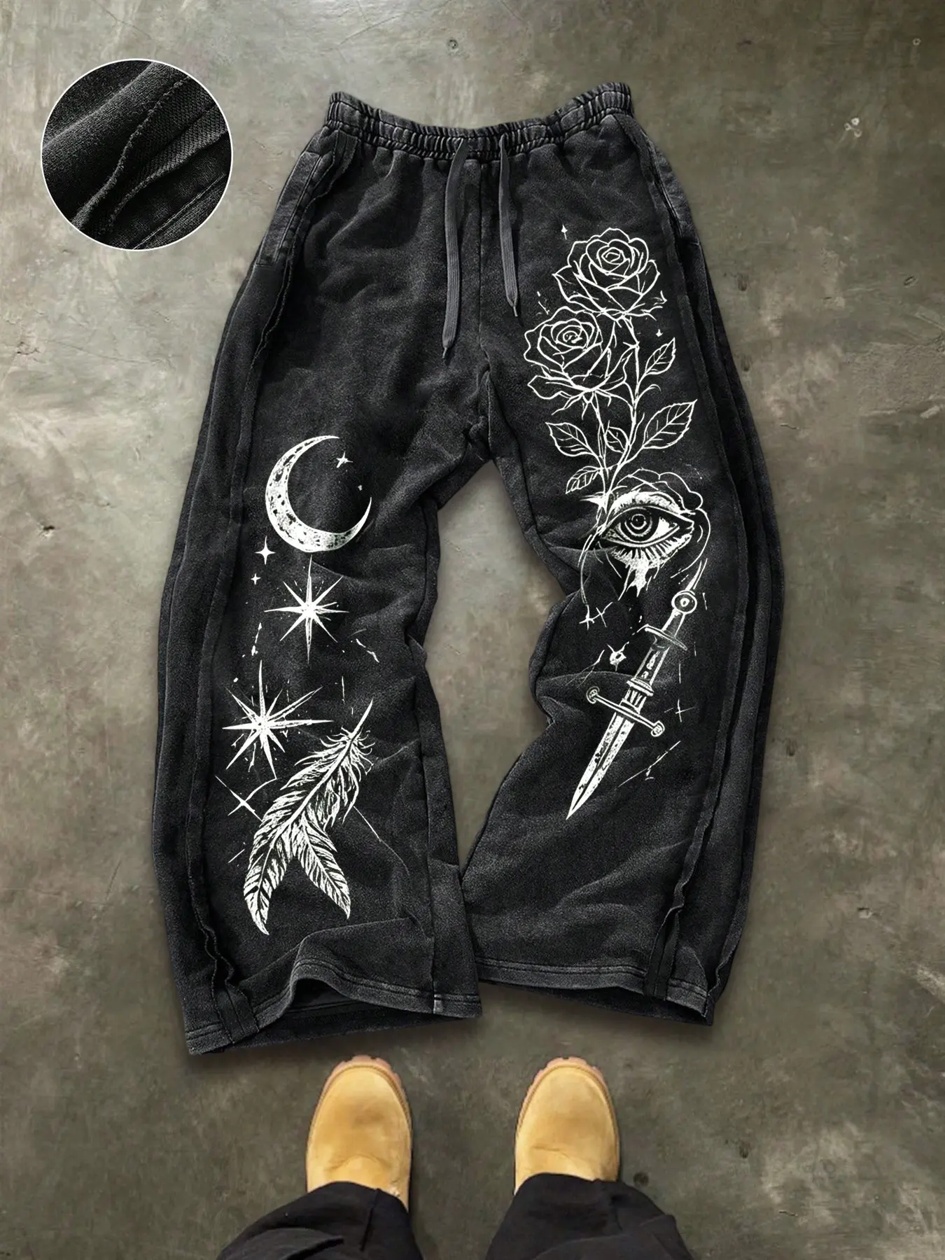 Men's Loose-Fitting Street Style Trousers, Vintage Star Moon Feather Rose Print, Drawstring Wide Leg Sweatpants, Heavyweight Soft Long Pants