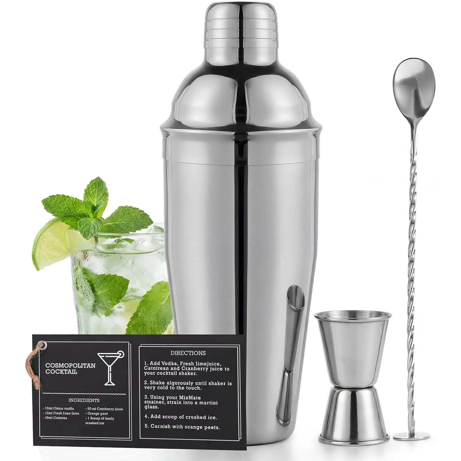 Mixology  Shaker Set | 4 count Bar Tool Set,  Bar Set  Shaker Set for Drink Mixing - Includes Martini Shaker, Jigger, Bar Mixer Spoon + Free  Recipes |  Idea