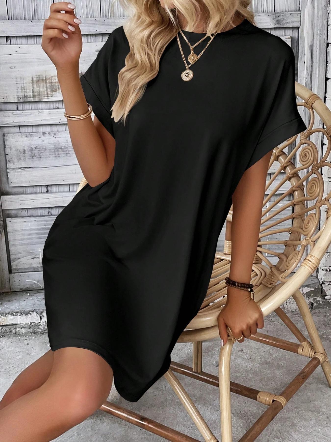 Women's Plain Pocket Batwing Sleeve Dress, Casual Minimalist Round Neck Roll Up Sleeve Dress for Summer, Casual Elegance Chic Fashion Women's Dress