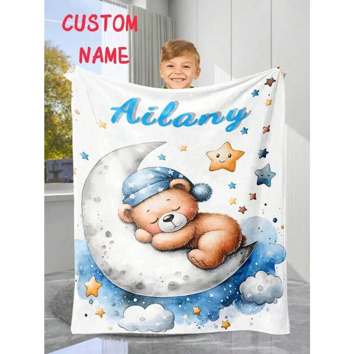 Personalized Wrinkle-Resistant Watercolor Moon Bear Baby Throw Blanket - Soft Flannel, Glam Ailany Design with Custom Name, All Seasons Nursery Use Crib/Stroller Decor, Milestone Newborn Gift