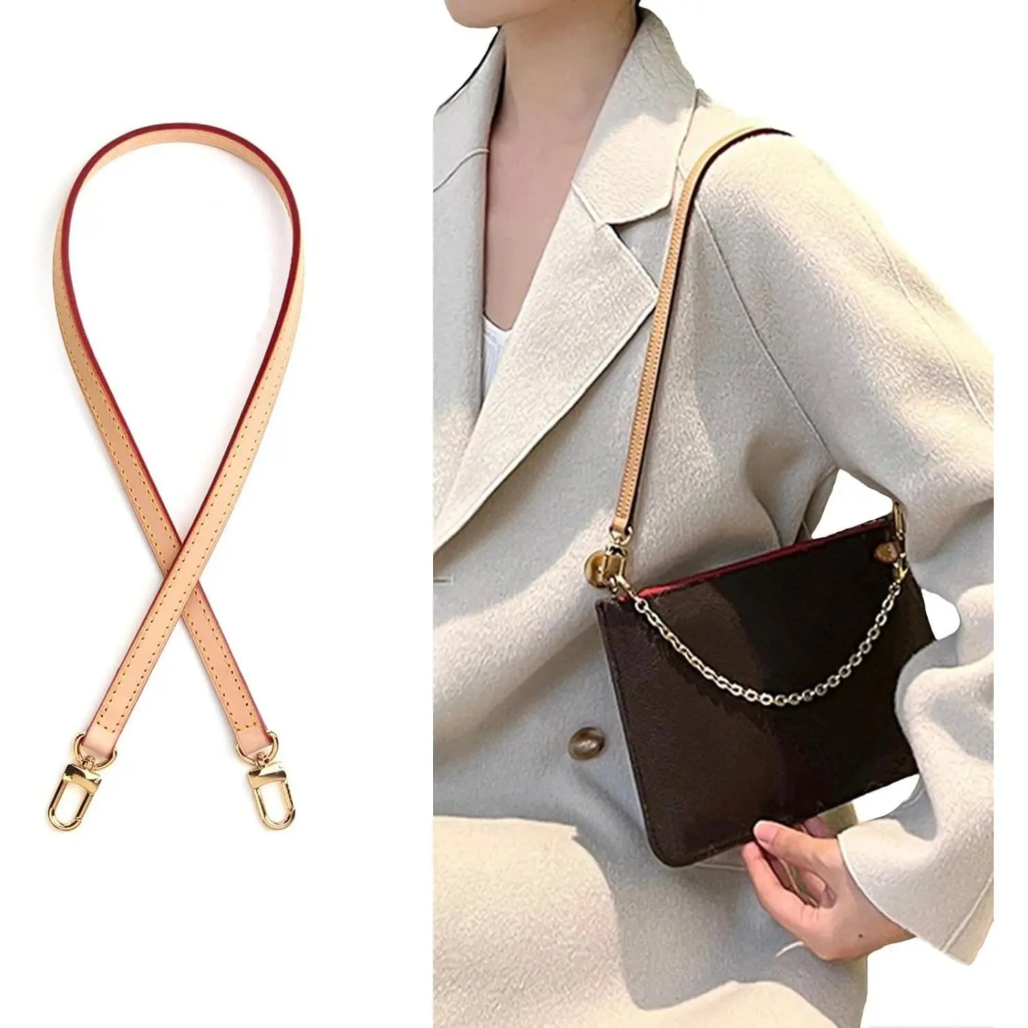 Genuine Vachetta Leather Thin Short Replacement Purse Shoulder Strap for Multi Pochette Boulogne Pouchette Montaigne Accessories (Width:0.43in&Length:23.6in)
