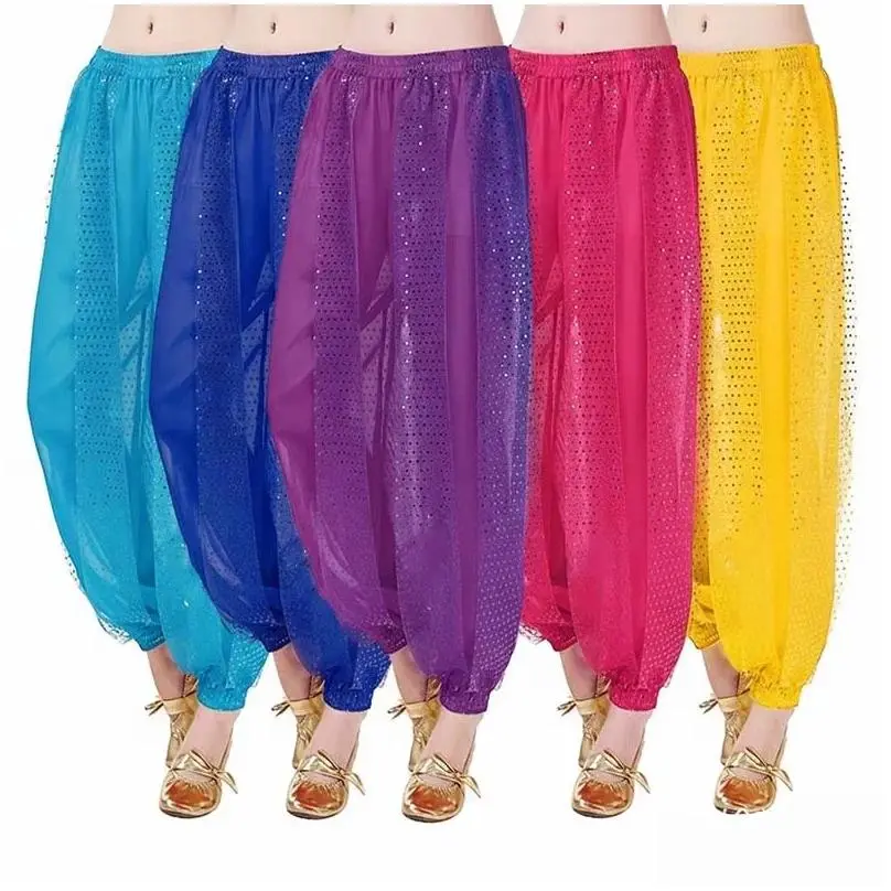 Women Belly Dance Harem Pants Shiny Sequin Chiffon Loose Bloomers Arabic Indian Lantern Pants for Cosplay Stage Performance