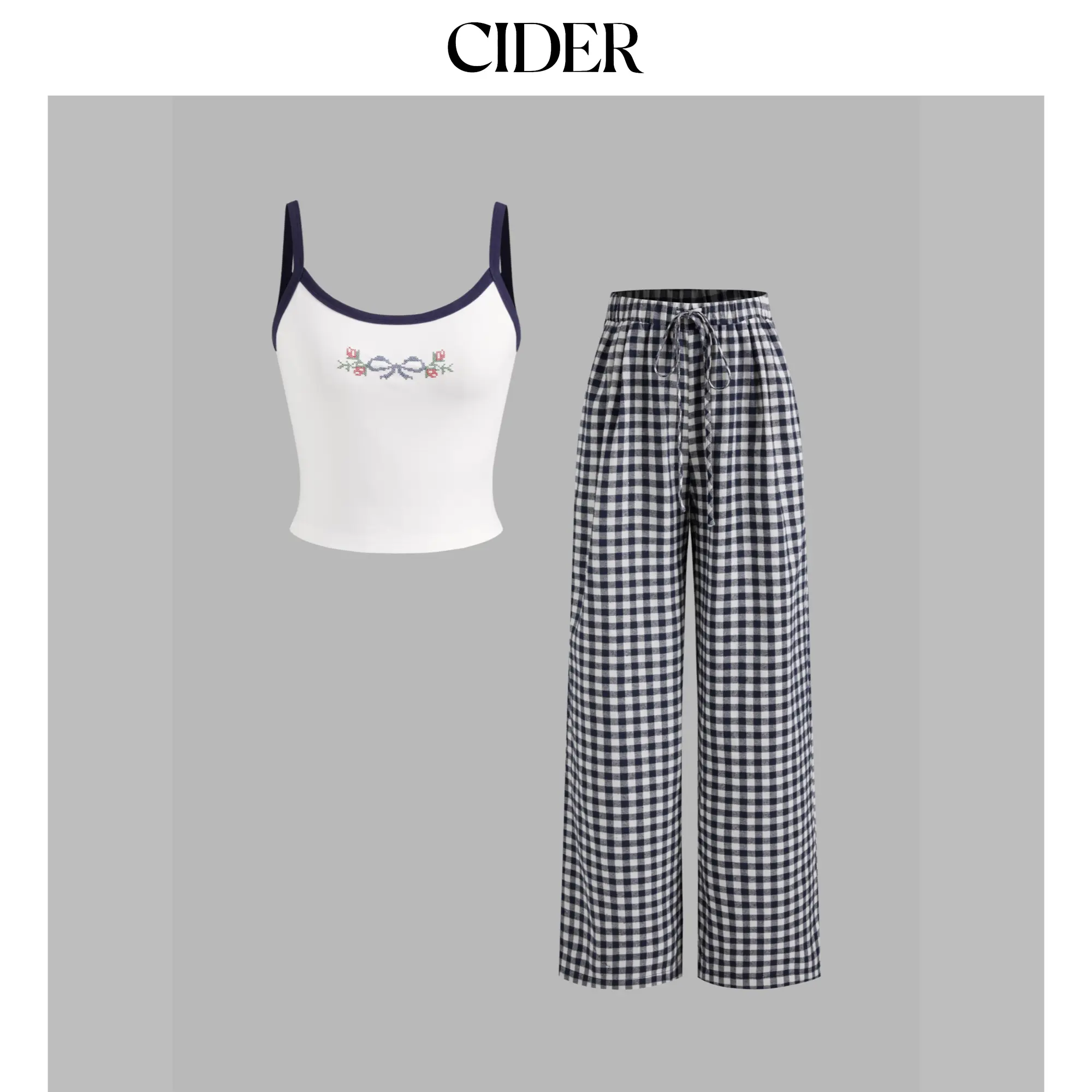 Cider [size 2-10] Cotton-blend U-neckline Bowknot Cami Top & High Rise Gingham Wide Leg Trousers Set