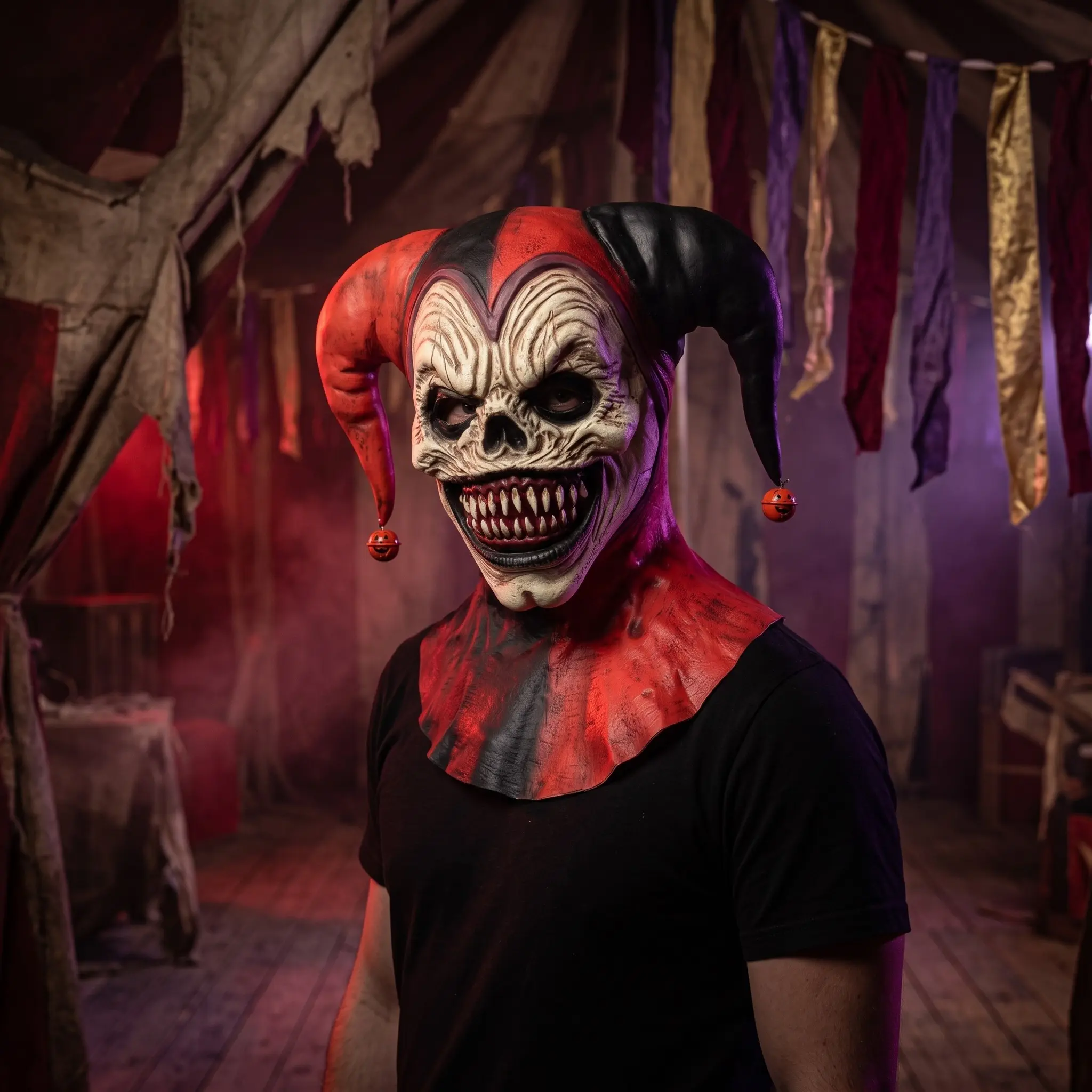 Halloween Jester Mask with Two Horns, Funny Devil Clown Prop, Spooky Full Face Mask, Ideal for Costume Parties, Masquerade & Themed Events