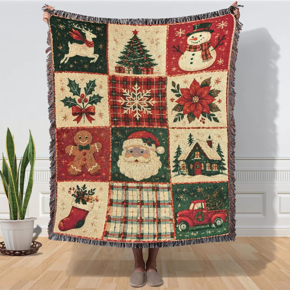 Vintage Christmas Patchwork Woven Throw Blanket with Tassels, Santa Claus Snowman Gingerbread Man Pattern, Festive Sofa Decor Blanket, Non‑Printed Wear‑Resistant, Washable, Fade‑Resistant & Pill‑Resistant, Christmas Decor, Decorative Sofa Blanket