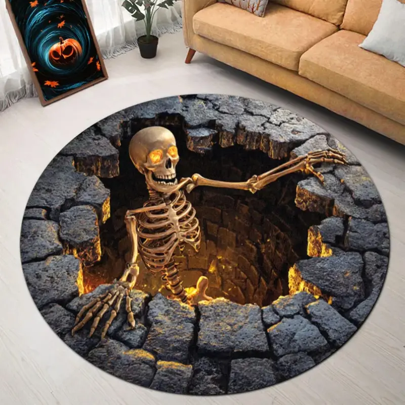 Printedfaudskeletonroundrug, Halloween Scary Skeleton Carpet, Spooky Illusion Floor Mat for Haunted House Party Decoration