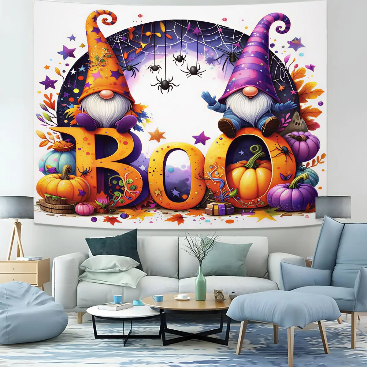 Halloween Cute Gnome Pumpkin Star Print Wall Tapestry, Party Backdrop, Photo Shooting Prop, Decor for Living Room & Dorm, Multiple Colors Available, Ideal Gift