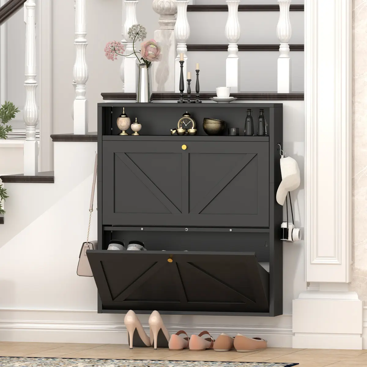 [Bellemave] Metal Shoe Cabinet with Flip Drawers and Storage Space, Wall Mounted Shoe Organizer, Narrow Slim Hidden Shoe Rack for Entryway