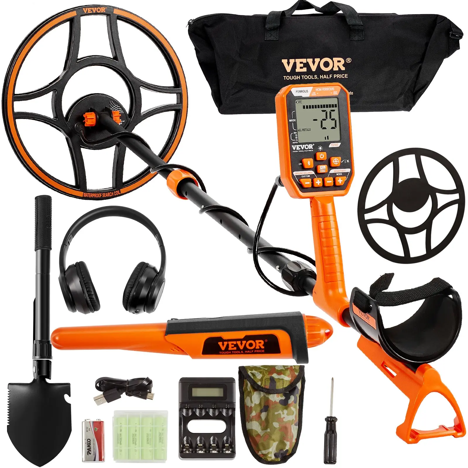 【DealsForYouDays】VEVOR Waterproof Metal Detector, 12 in Metal Coil, Professional Rechargeable for Treasure Hunters, 39-50 in Adjustable, LCD Display, 7 Modes, Advanced DSP Chip, Bluetooth Headsets, IP68