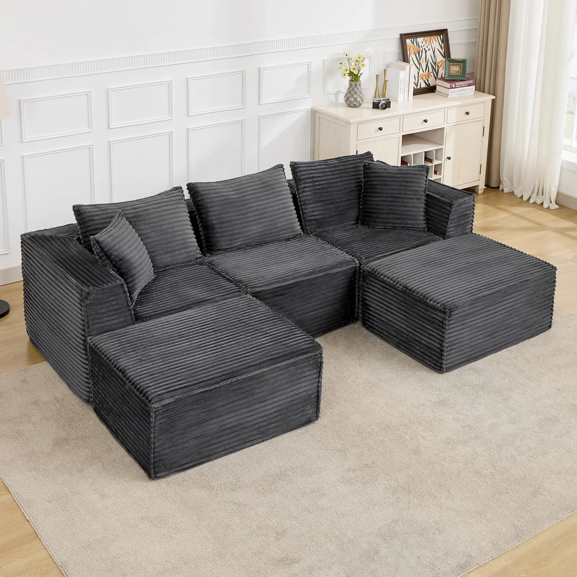 YJ-Garvee 107" Modular Sectional Sofa,Modern Cloud Sectional Couch with Deep Seat, U-Shape Boneless Couch with Chaise for Living Room Apartments Bedroom, No Assembly Required (3 Seater + 2 Ottoman),Grey