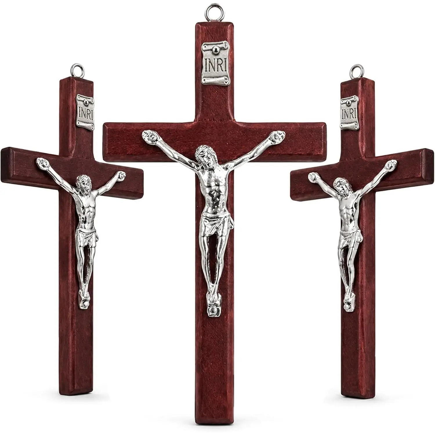 3 Pack Crucifix Wall Crosses, Small Wooden Crosses with  Metal  Figure and INRI Detail, 4.72 Inch Christian Wall Decor for  Bedroom Office Prayer Space