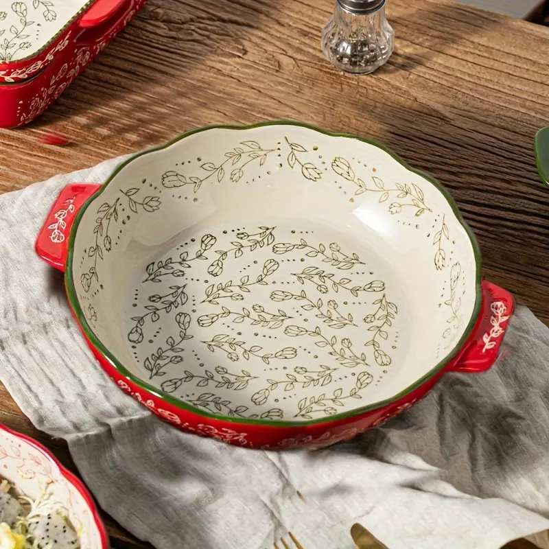 1 set  8 Inch Retro Floral Ceramic Baking Dish with Handle 2 Quart Round Cottage Style Pie Pan for Oven Apple Pie Cake Lasagna Pizza Christmas Home Baking