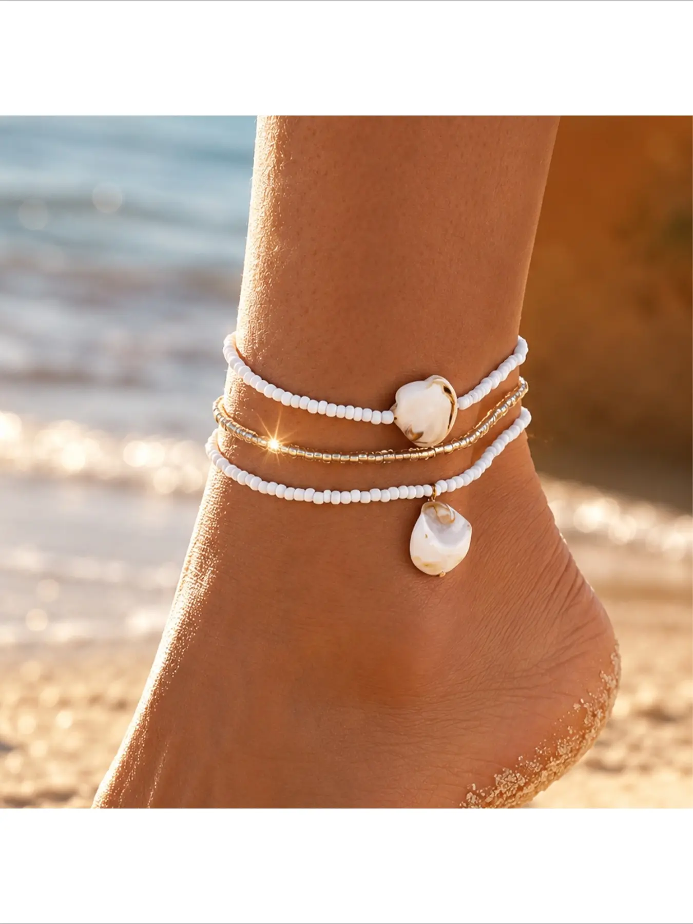 Coastal Boho Layered Beaded Anklet Set White Pearl & Gold Tube Chain Beach Foot Jewelry Trendy Summer Vacation Accessory with Shell Drop for Resort Style.