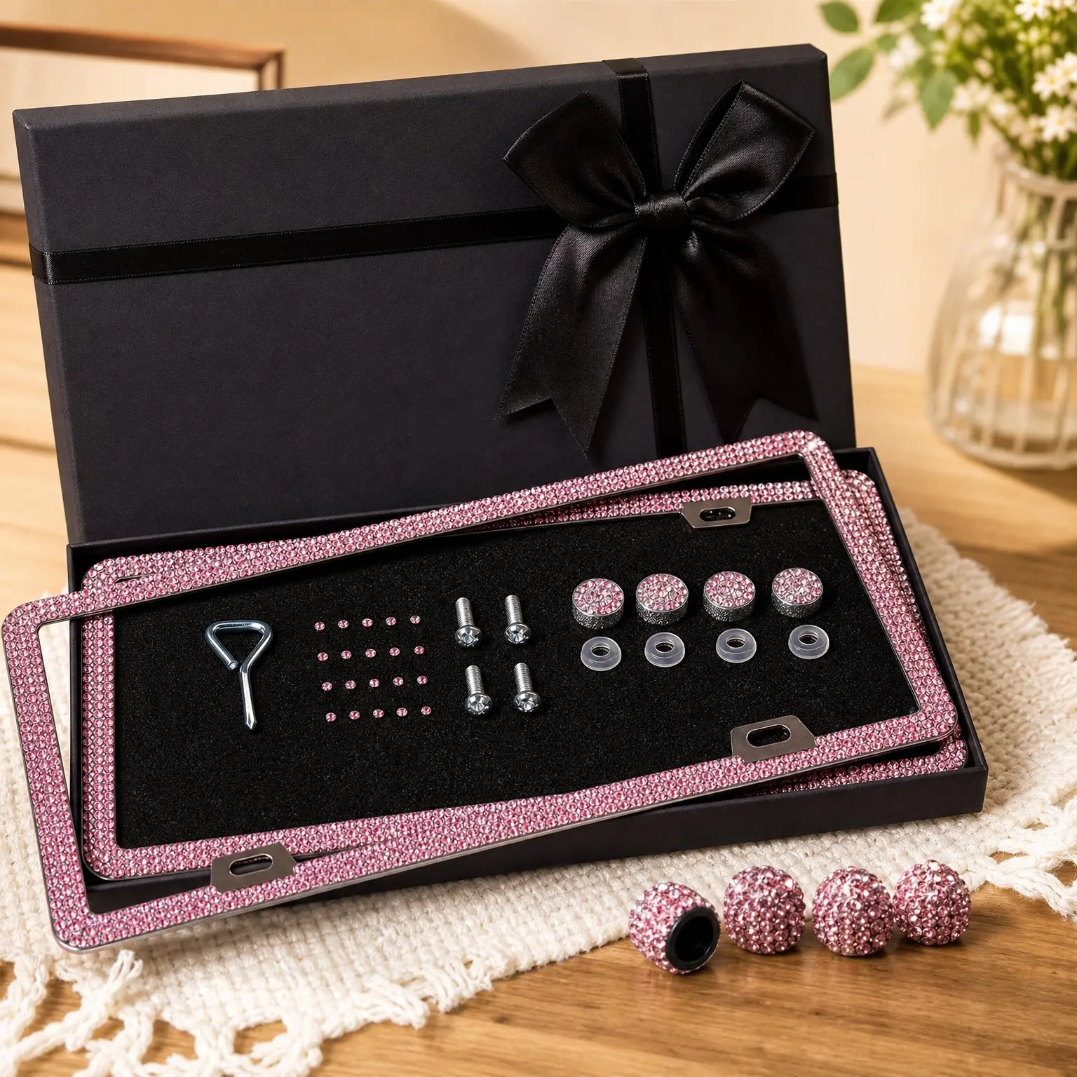 Pink Bling Sparkly License Plate Frames for Women 2 Pack with Gift BoxGift