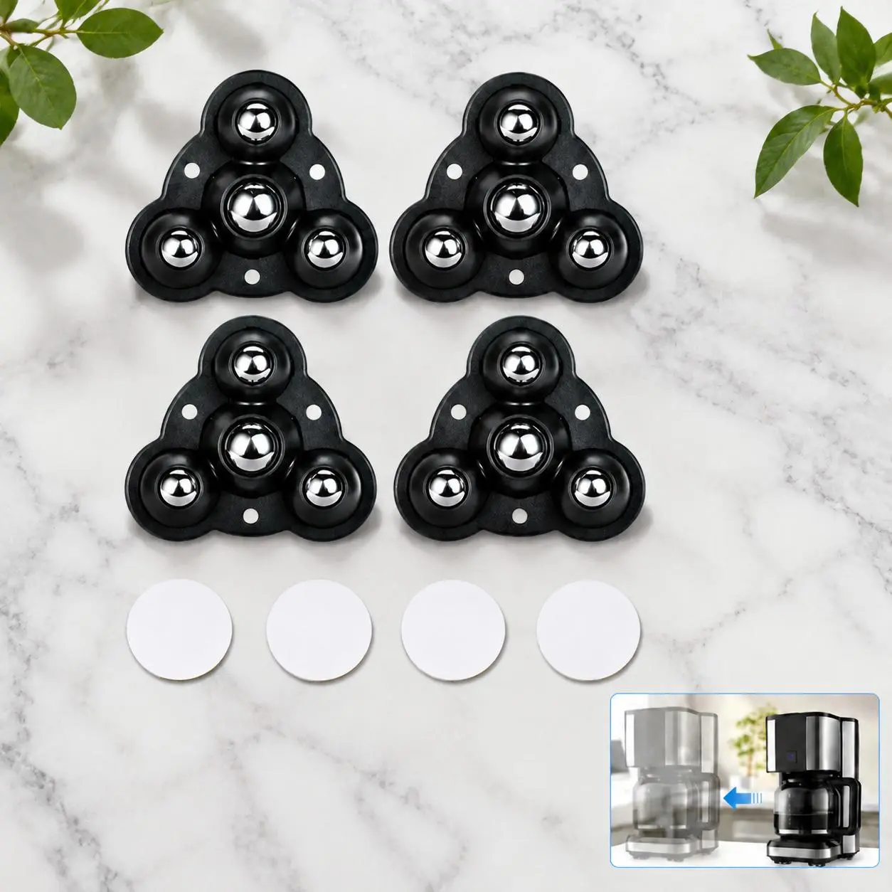 4Pcs Low-Profile Stick-On Caster Wheels - 360° Swivel Universal Rollers with Stainless Ball, Adhesive Furniture Hardware Sliders for Furniture, Storage Box Organizer, Office Supplies on Smooth Surfaces