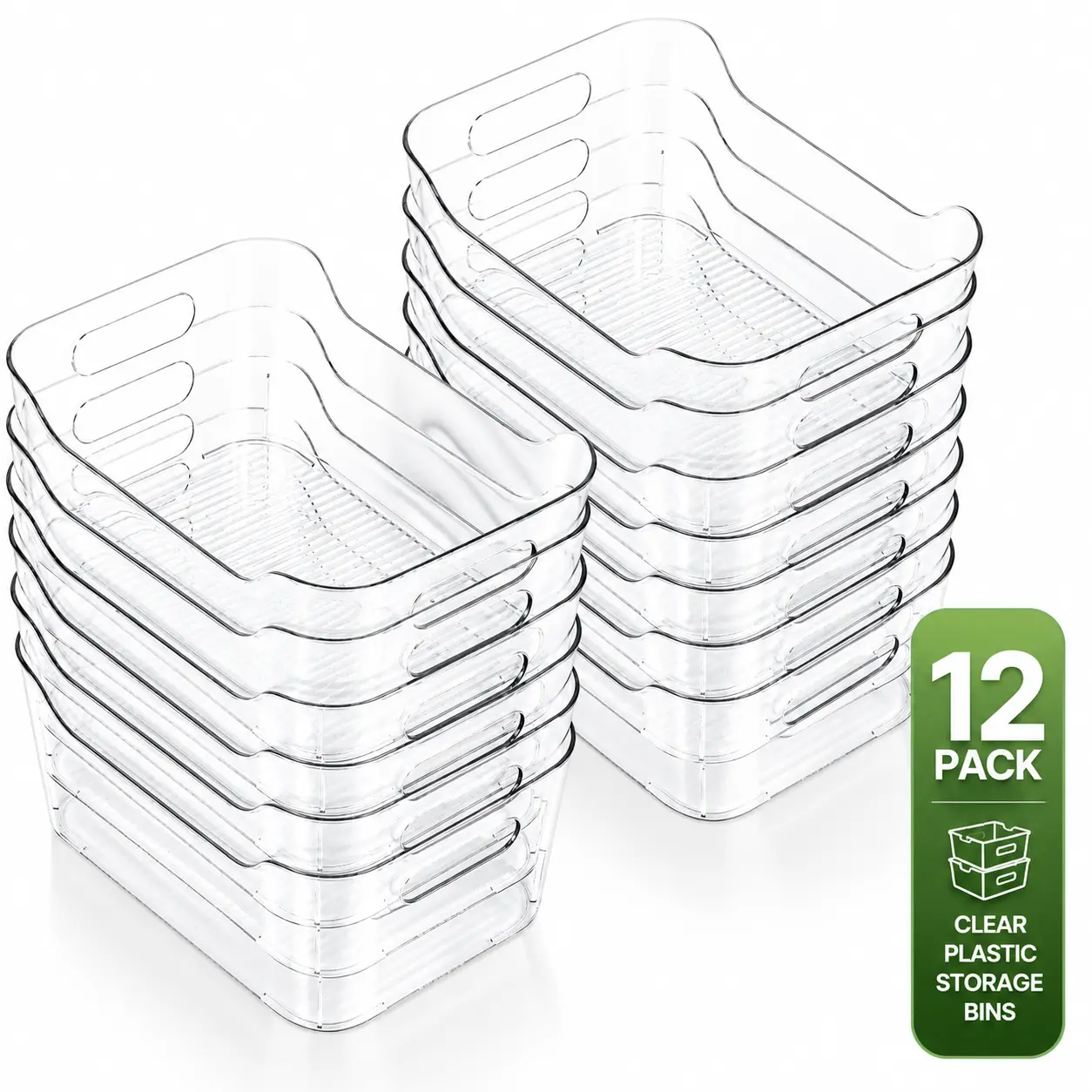 12PCS Clear Plastic Storage Bin with Handles, Stackable BPA-Free Organizer for Fridge, Pantry, Kitchen Cabinet & Shelf